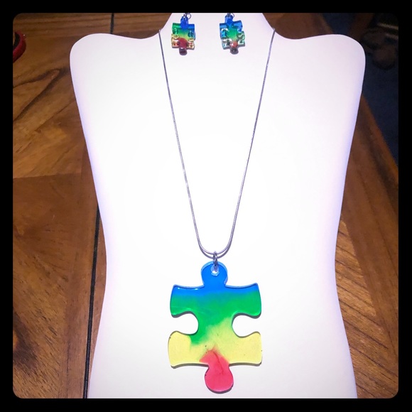 Hand Crafted Jewelry - 💙💚💛❤️🧩 Autism awareness Puzzle piece Necklace/pendant set Made to Order